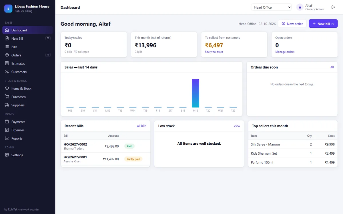 RuhiTek Billing dashboard